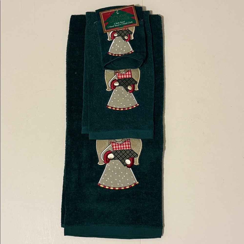 Vintage Angel Holiday Towel Set 1 Bath Towel 1 Hand Towel 1 Wash Dark Green New
